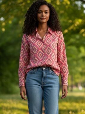 Tory Burch Pink Geometric 100% cotton Button Down Shirt Size 2